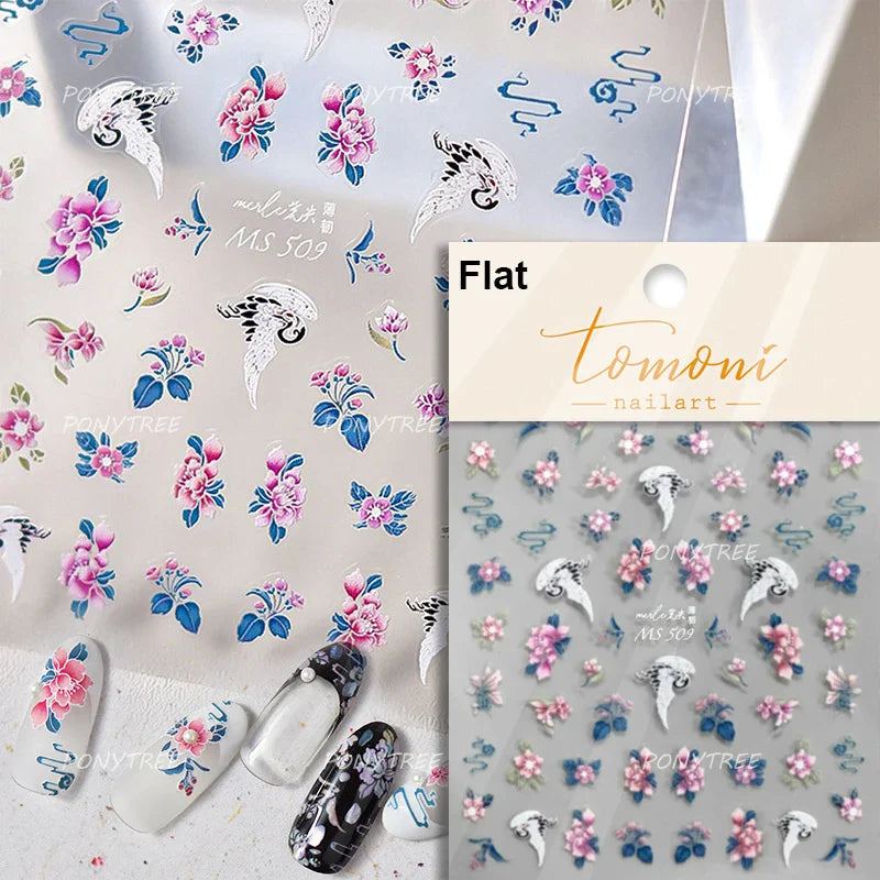 Pink Peach Blossom Blue Magpie Butterfly Bird Wing Tree Branch Animals Plants Shiny 3D Adhesive Nail Art Stickers Manicure Decal (ONLINE ORDER ONLY)