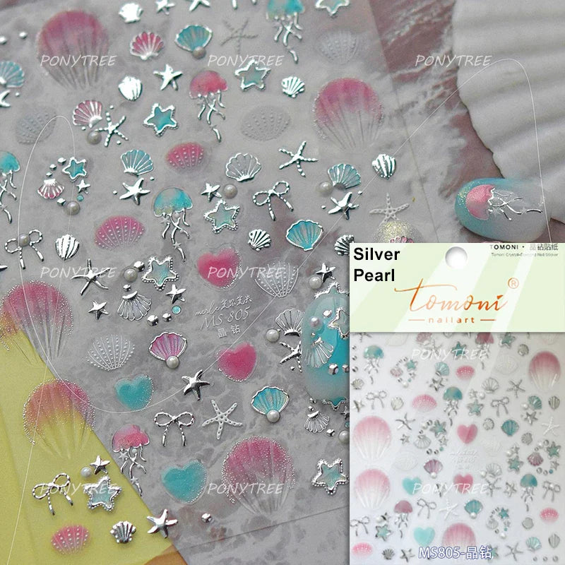 Dizzying Shell Coral Dolphin Starfish Heart Jellyfish Water Bubbles Ocean Adhesive Nail Art Decorations Stickers Manicure Decals (ONLINE ORDER ONLY)
