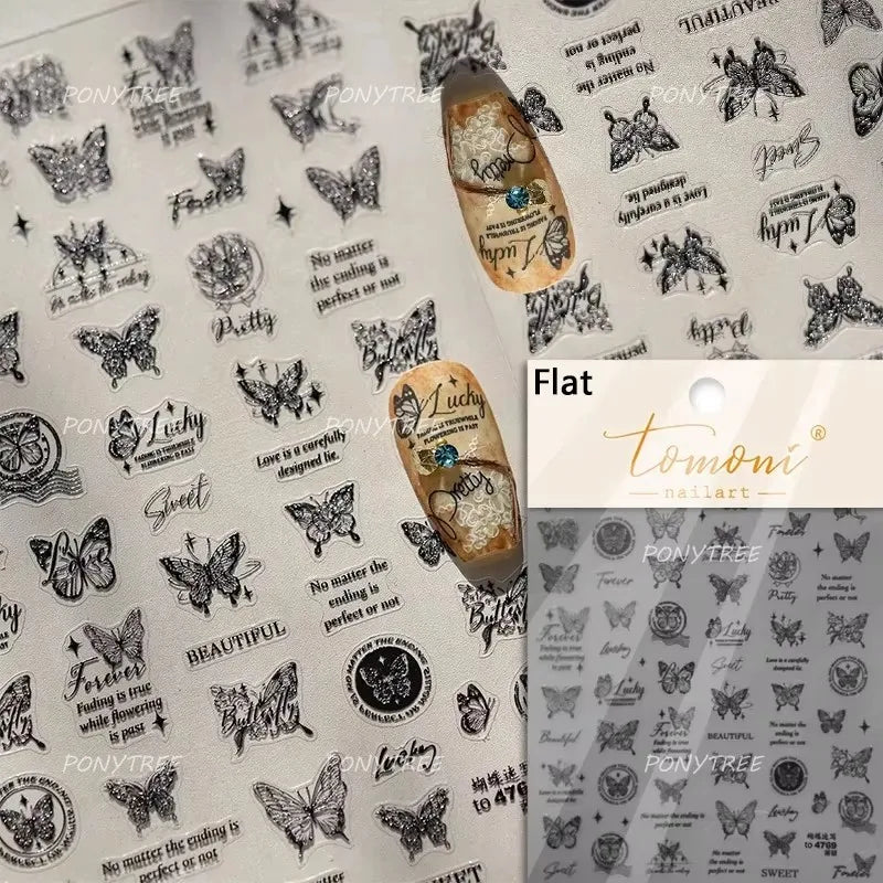 Shiny Butterfly White Pink Purple Romantic Animals Retro Photo Frame Chic Delicate Adhesive Nail Art Stickers 5D Manicure Decals (ONLINE ORDER ONLY)