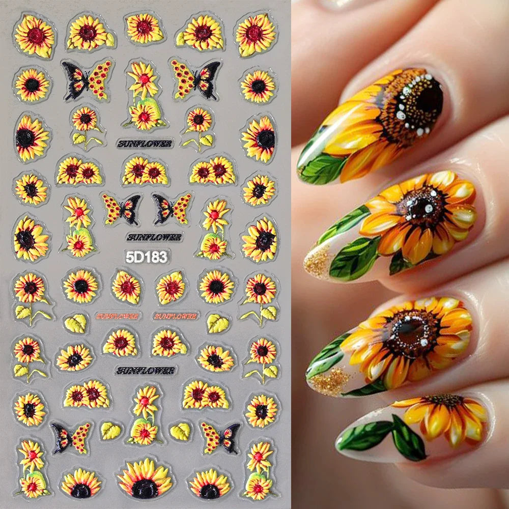 1pc Chic Sunflower 5D Nail Art Stickers Self-Adhesive Waterproof & Sustainable Decals for DIY Manicure Perfect for All Seasons * (ONLINE ORDER ONLY)