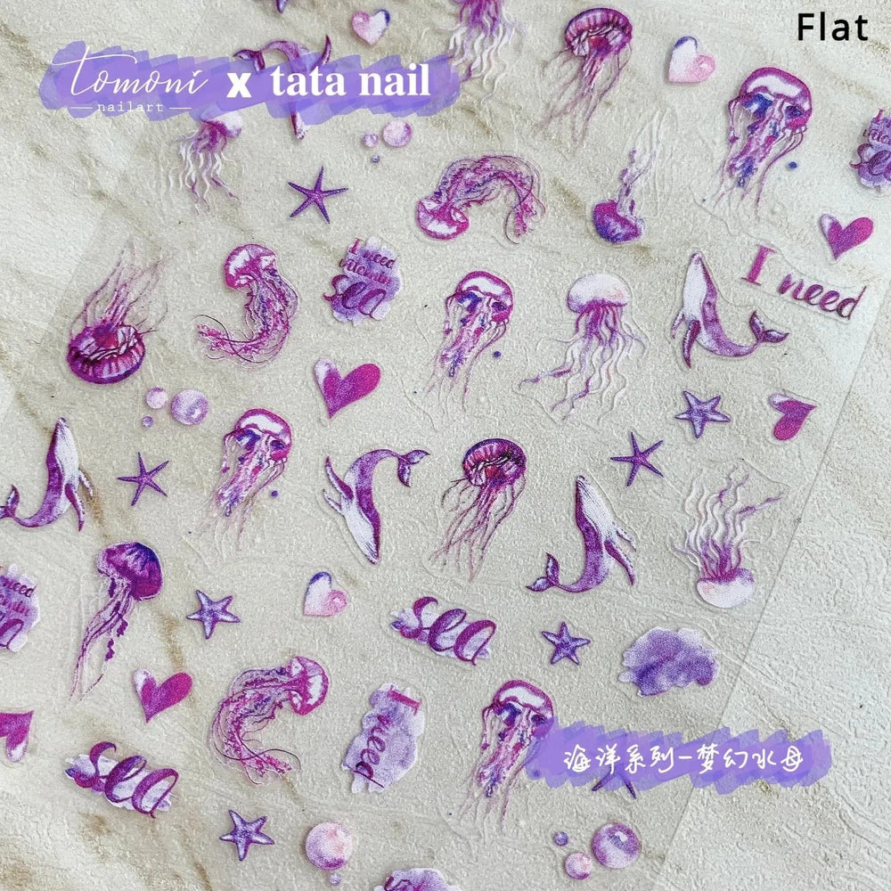 Summer Beach Ocean Water Ripples Flash Star Shell Starfish Conch Seasnail Soft Relief Decoration Nail Art Sticker Manicure Decal (ONLINE ORDER ONLY)