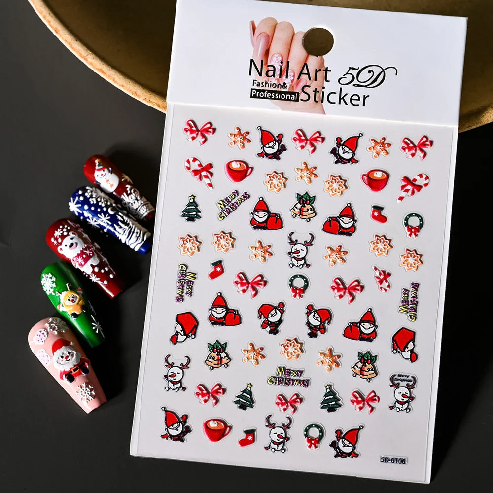 Cute Deer Christmas Nail Stickers 5D Embossed Elk Star Gingerbread Man Snowflake Santa Claus Holly DIY Winter Engraved Manicure* (ONLINE ORDER ONLY)