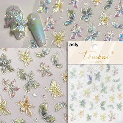 Gradient Coloredful Flower Petal Green Leaf Dreamy Shiny Chinese Rose Fantasy Relief Adhesive Nail Art Stickers Manicure Decals (Online Order Only)