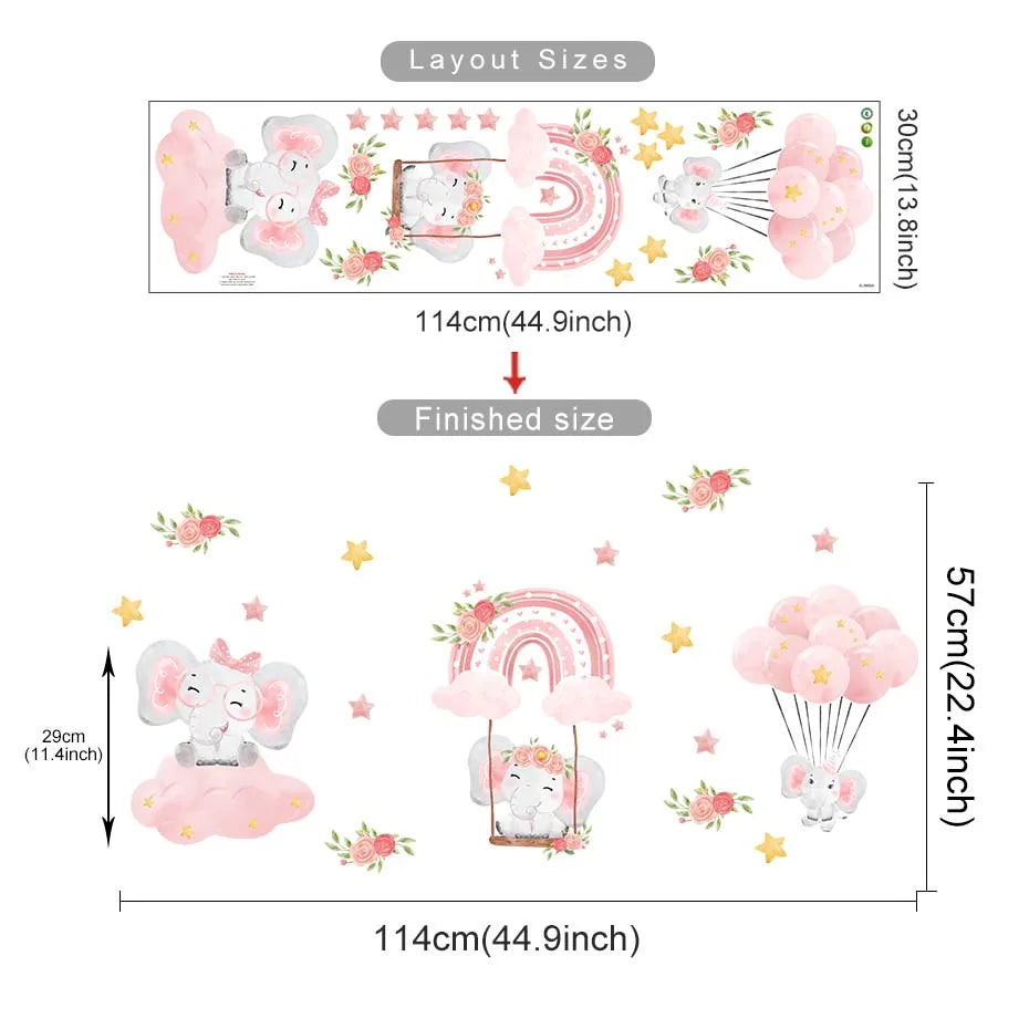 Pink Elephant Balloon Wall Stickers for Nursery or Girls Room (Online Order Only)