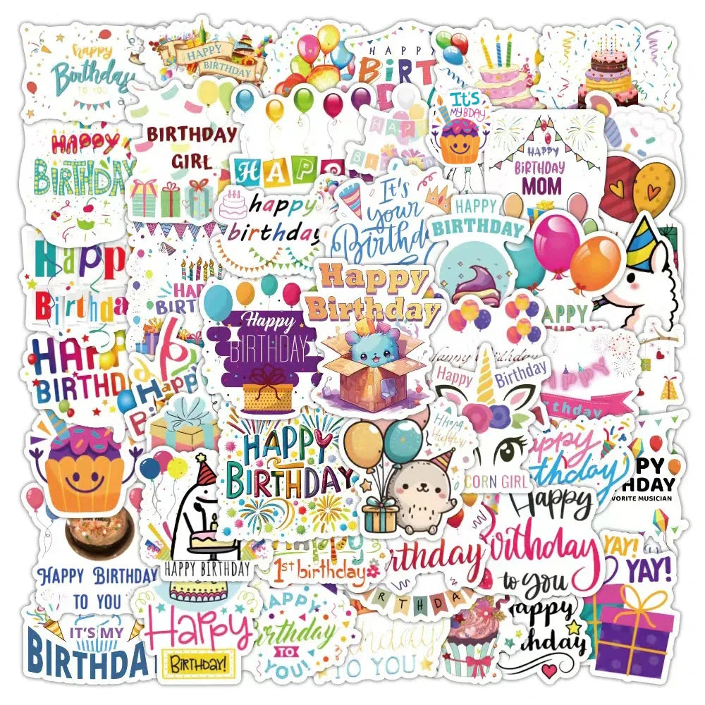 Cartoon Happy Birthday Stickers for Laptop Phone Car Suitcase Kid Toy - 10/30/50pcs (ONLINE ORDER ONLY)