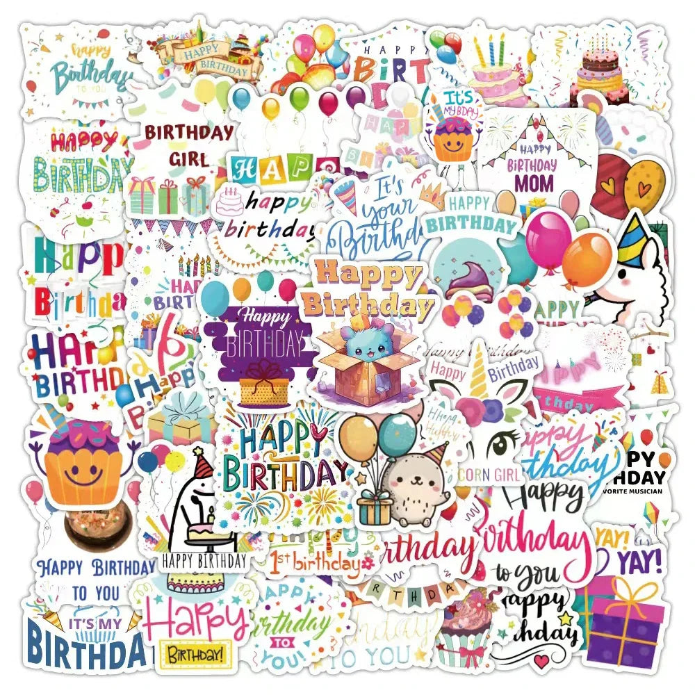 Cartoon Happy Birthday Stickers for Laptop Phone Car Suitcase Kid Toy - 10/30/50pcs (ONLINE ORDER ONLY)