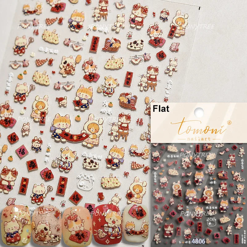 Cat Kitten Star Tree Bell Angel Bowknot Snowman Envelope Pinecone Bone Adhesive Nail Art Stickers Cup Rhinestone Manicure Decals (ONLINE ORDER ONLY)