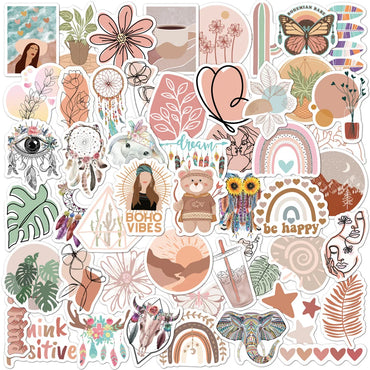 10/30/50pcs Cute Bohemian Art Style Graffiti Stickers Boho Aesthetic Sticker Decoration Phone Case Water Bottle Notebook Decals (Online Order Only)