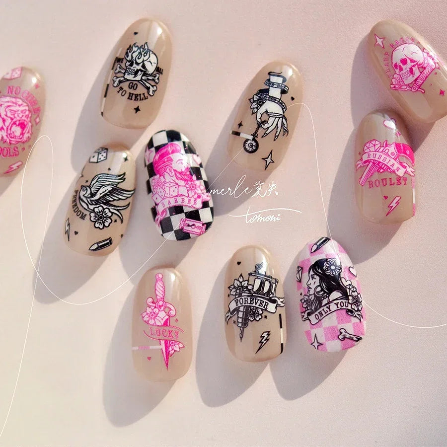 Retro Black Line Skull Man Woman 5D Embossed Relief Self Adhesive Nail Art Sticker Bear Bunny Hand Bird Horror 3D Manicure Decal (Online Order Only)