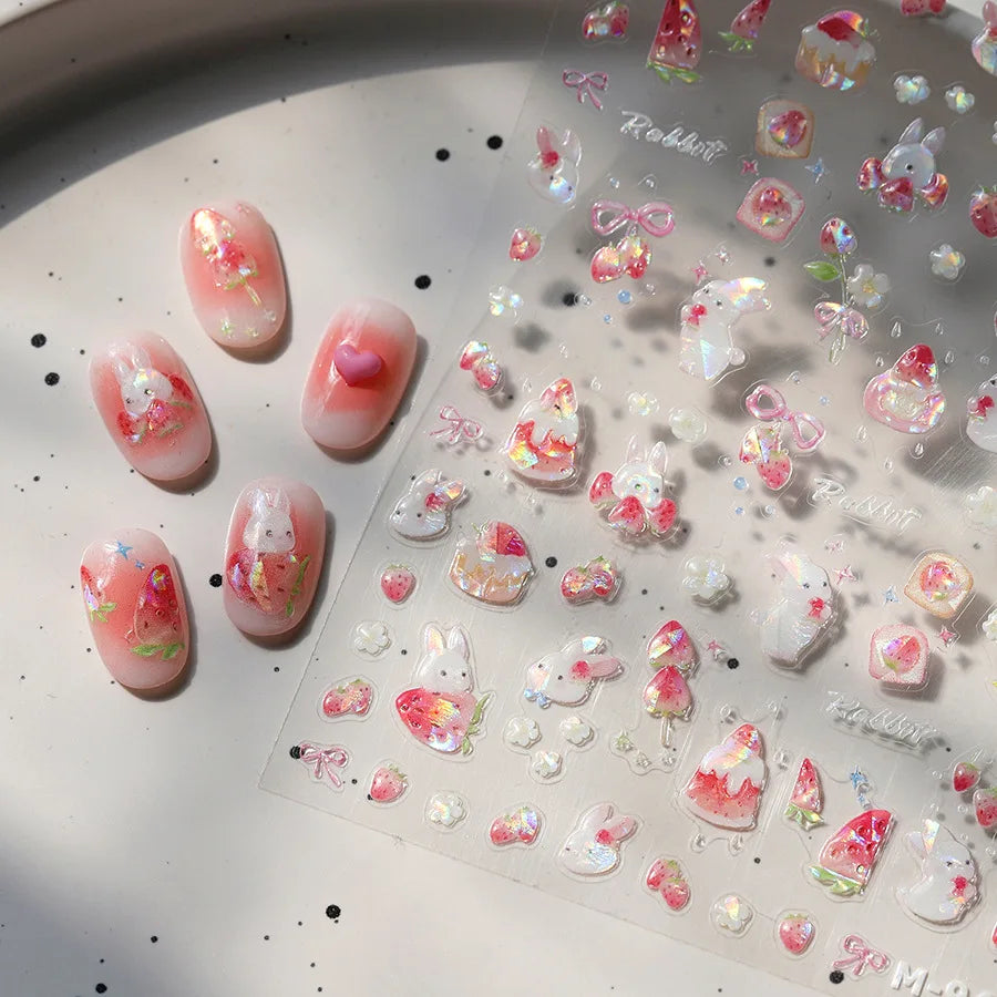 Cute White Rabbit Bunny Strawberry Flower Pudding Star Bowknot Fruit Delicate Adhesive Nail Art Sticker Charming Manicure Decal (Online Order Only)