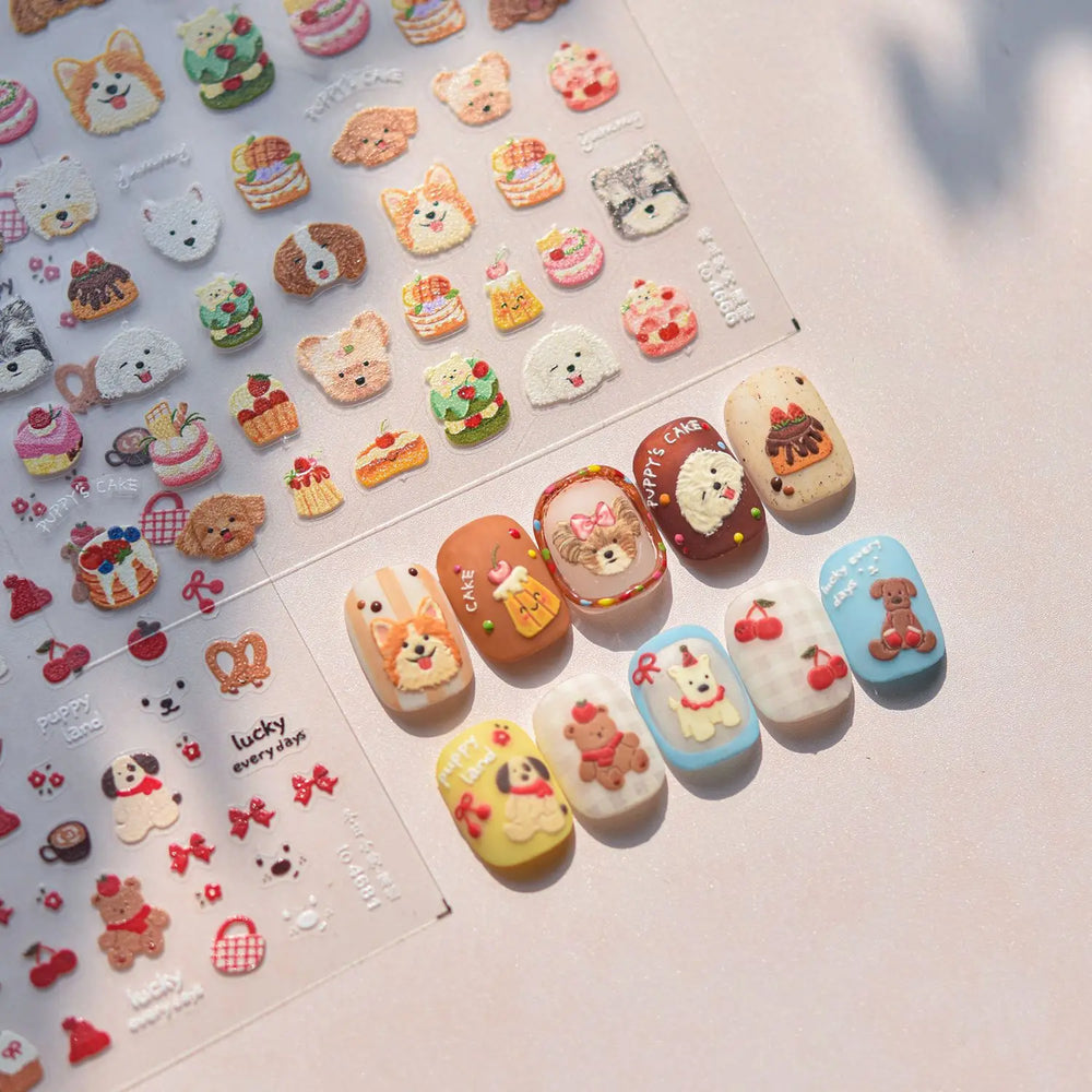 Cute Bowknot Dog Puppy Bear Strawberry Cake Fruit Juice Coffee Desserts Corgi Cherry Adhesive Nail Art Stickers Manicure Decals (ONLINE ORDER ONLY)