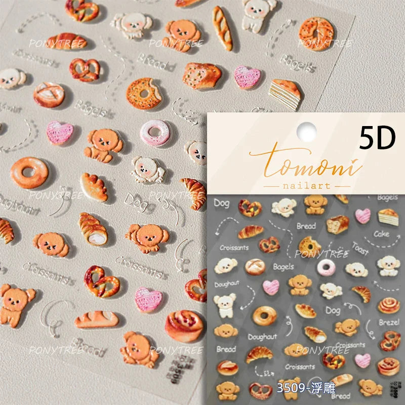 Cute Food Dog Baking Cookies Bread Rabbit Cheese Pudding Croissant Doughnut Adhesive Nail Art Decoration Sticker Manicure Decals (ONLINE ORDER ONLY)
