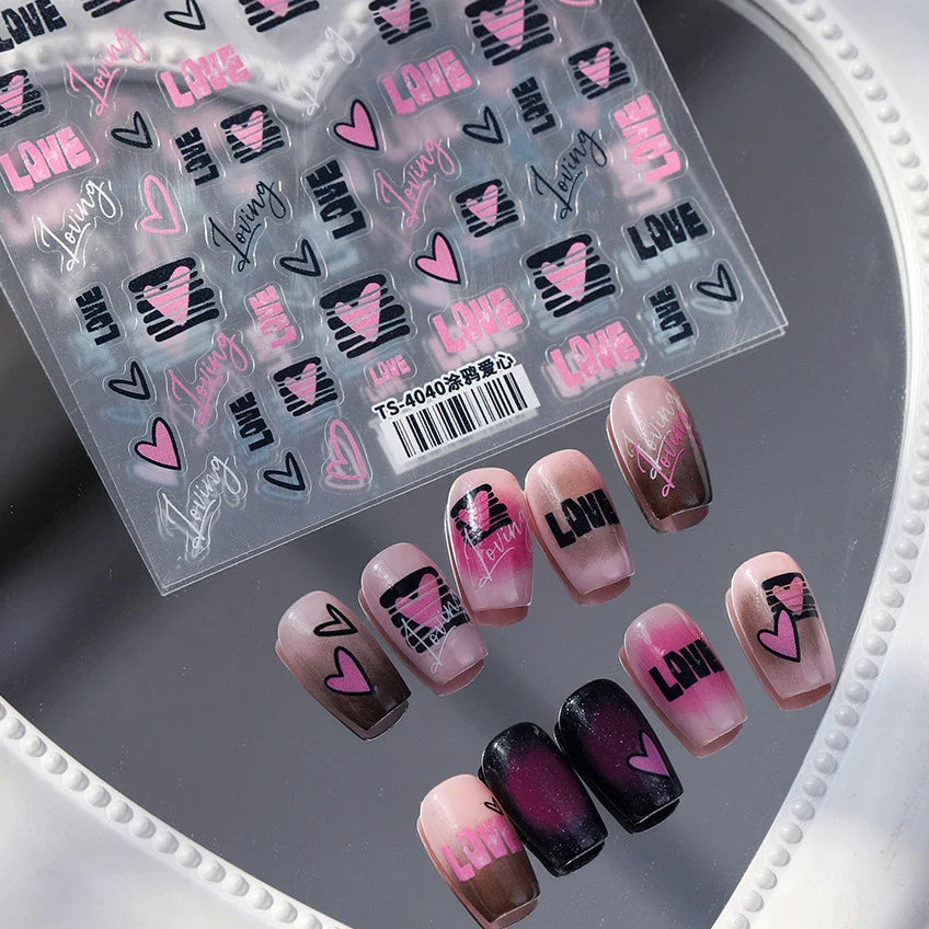 Graffiti Line Love Heart Cool Personal Hollow Out English Letter Y2k Self Adhesive Nail Art Decorations Sticker Manicure Decals (ONLINE ORDER ONLY)