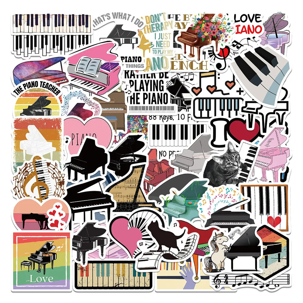 50pcs Cartoon Piano Music Graffiti Stickers for Helmet, Desktop, Wall Decoration, DIY (ONLINE ORDER ONLY)