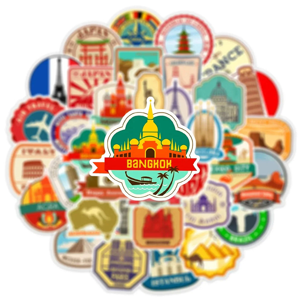 10/25/50pcs Retro World Travel Landmark Suitcase Stamps Sticker Packs (ONLINE ORDER ONLY)