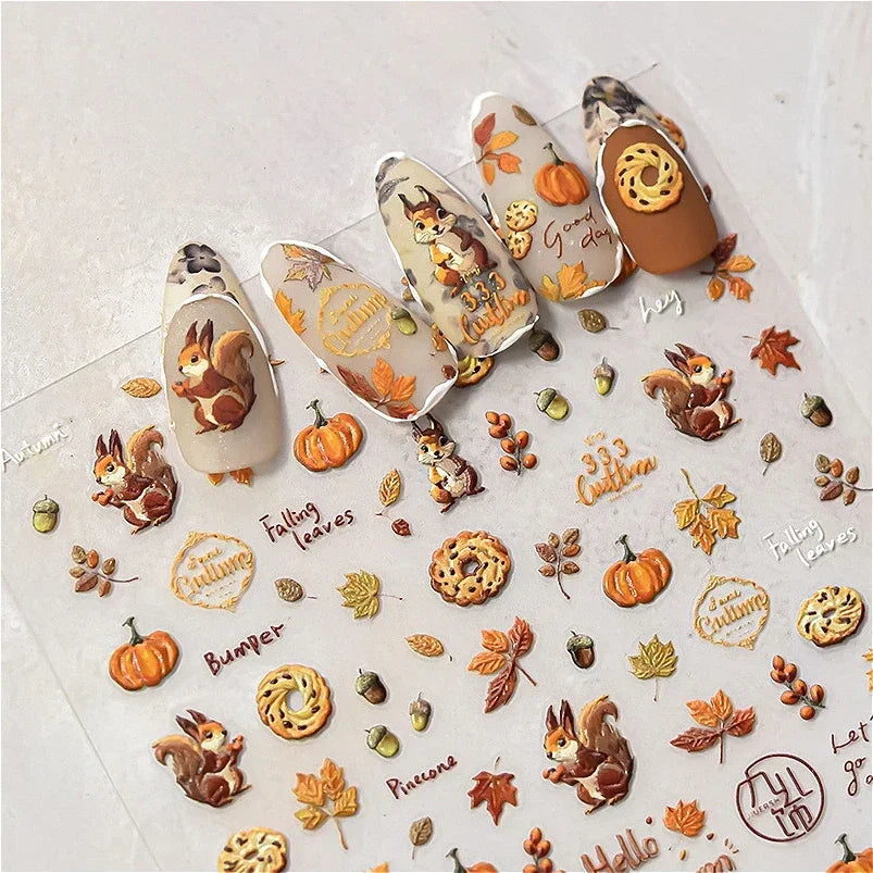 Charming Sunflower Rabbit Pumpkin Squirrel Pinecone Deciduous Produce Good Harvests Cookie Nail Art Sticker Decoration Decals (ONLINE ORDER ONLY)