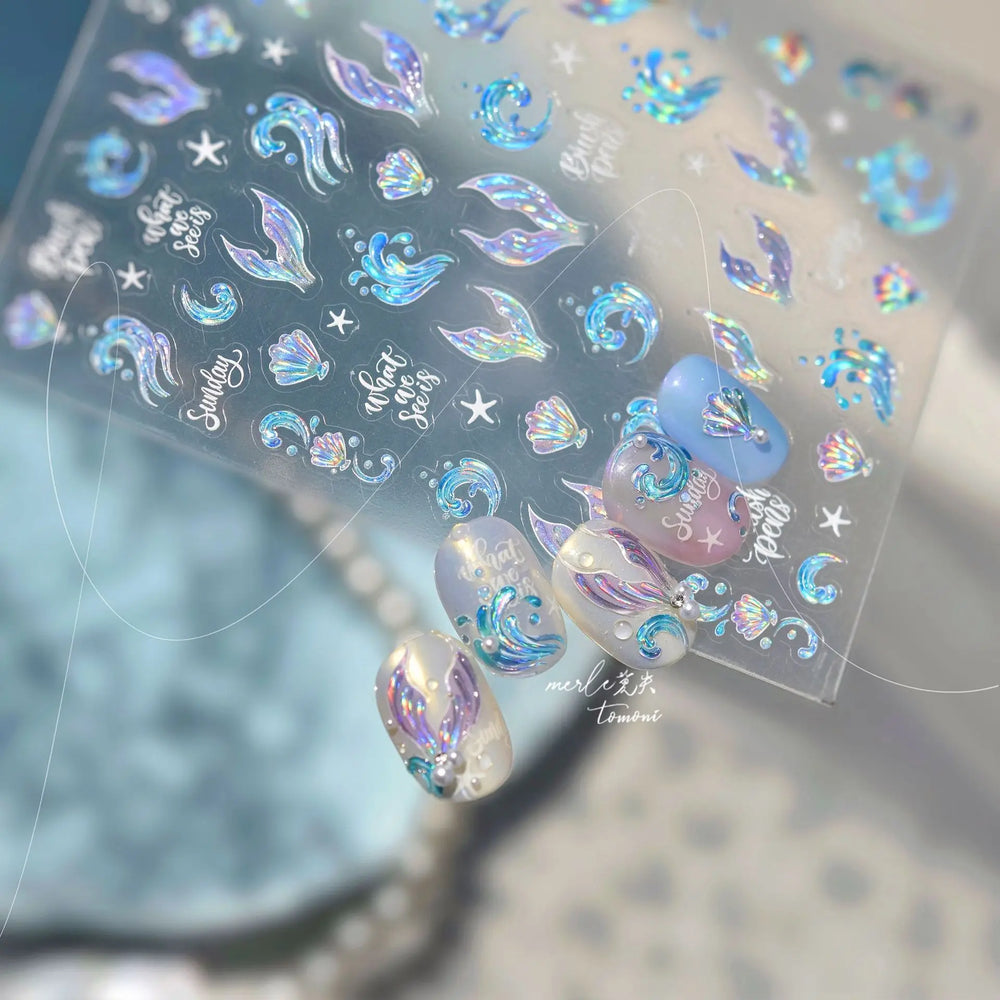 Shiny Mermaid Tail Fish Tail Sea Wave Jelly Spoondrift Shell Starfish Ocean Romantic Delicate Nail Art Stickers Manicure Decals (ONLINE ORDER ONLY)
