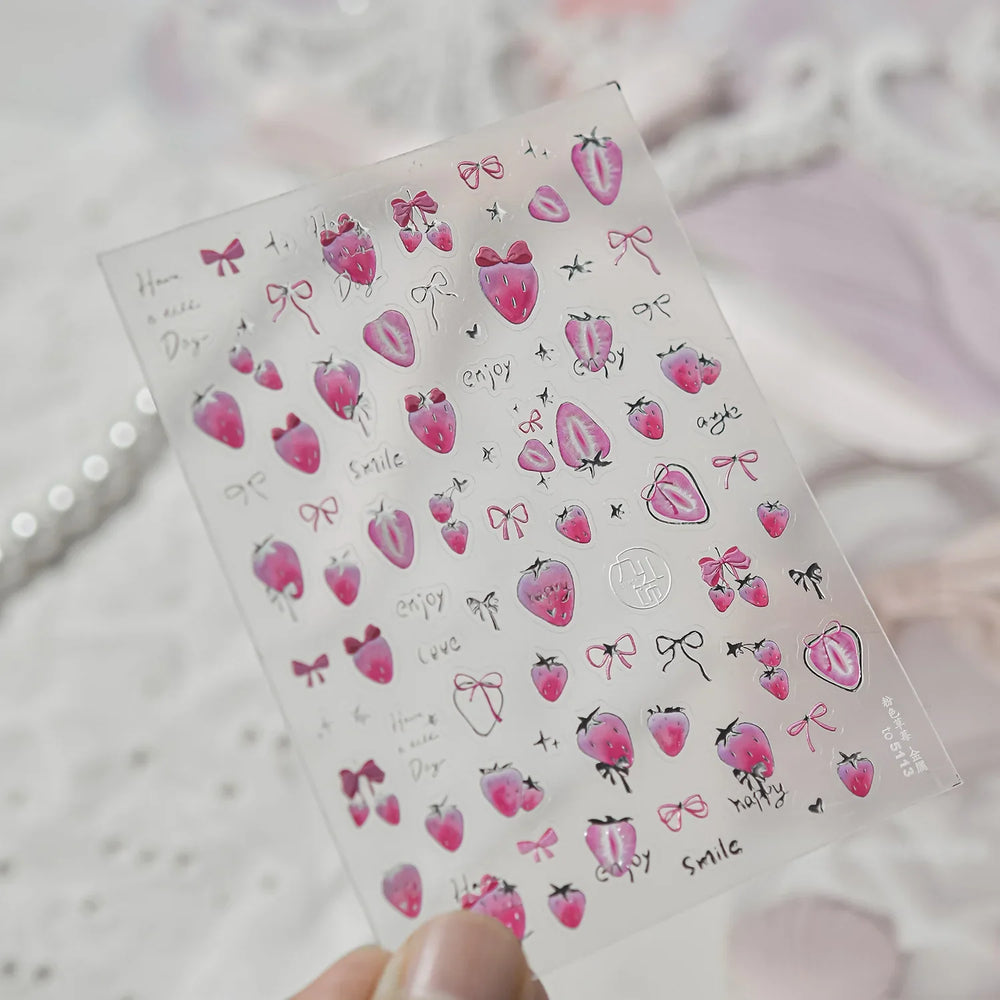 Pink Juicy Strawberry Fruit Cutting Line Ribbon Bowknot Star Happy Sweet Lovely Fruits Delicate Nail Art Stickers Manicure Decal (ONLINE ORDER ONLY)
