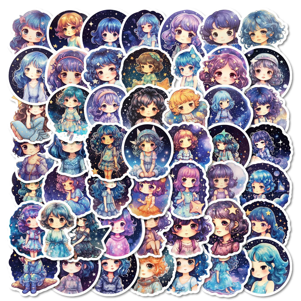 50Pcs Cartoon Starry Night Girl Stickers for Helmet, Wall, DIY Decor (Online Order Only)