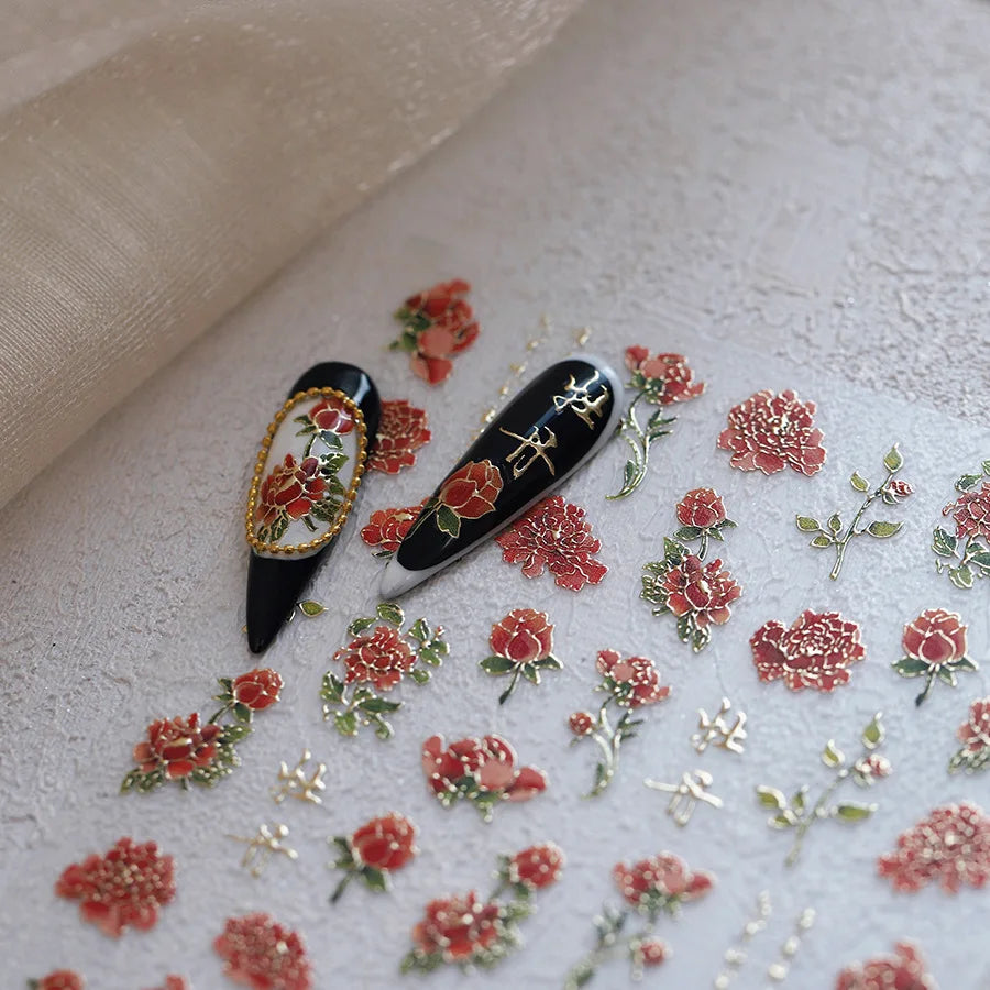 Retro Chinese Characters Charming Rich Peony Delicate Rose Flowers Soft Relief Adhesive Nail Art Stickers Chic Manicure Decals (ONLINE ORDER ONLY)