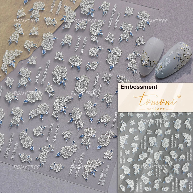 Camellia Tea After Rain Fragrant Flower Paint in Gold White Antique Chinese Characters Adhesive Nail Art Stickers Manicure Decal (ONLINE ORDER ONLY)