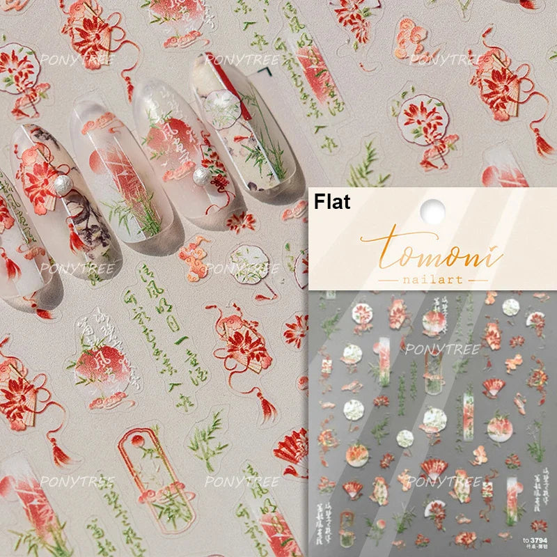 Romantic Pink Peach Blossom Tower Circular Fan Hollowed Window Tassel Pendant Antique Tree Chic Nail Art Stickers Manicure Decal (ONLINE ORDER ONLY)