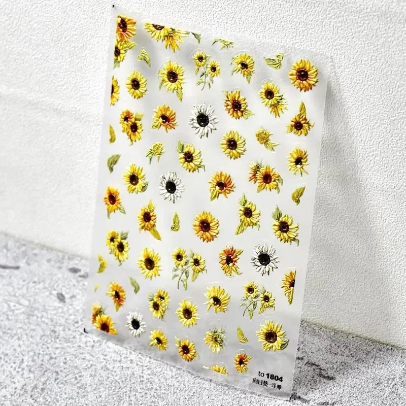 Hot Stamping Colourful Sunflower Starry Night Impressionism Embossment Adhesive Nail Art Sticker Shiny Rhinestone Manicure Decal (Online Order Only)