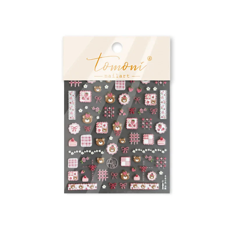 Lovely Bear Strawberry Cake Rose Flower Grid Block Bowknot Embossed Relief Self Adhesive Nail Art Sticker Cute 3D Manicure Decal (ONLINE ORDER ONLY)