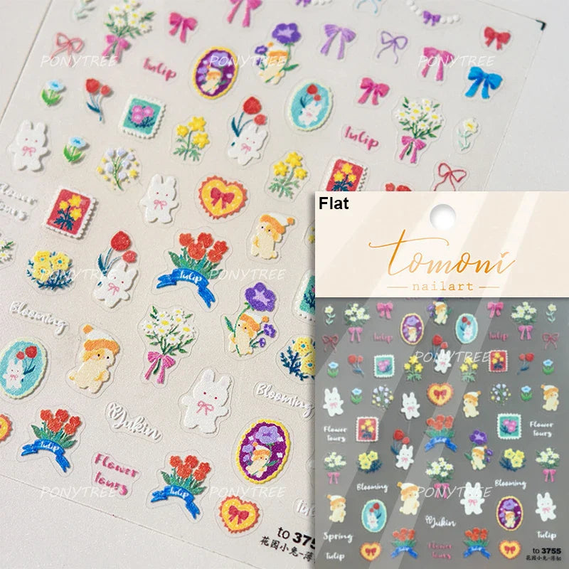 Retro Border Colourful Pink Purple Tulip Flower Bouquet Garden Fragrant 5D Soft Relief Adhesive Nail Art Sticker Manicure Decals (ONLINE ORDER ONLY)