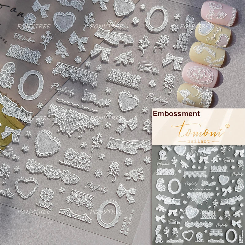 Dreamy Lace Rose Flower Fabric Art Tender Gauze Gird Pearl Pendant Irregular Pattern Nail Art Stickers Decoration Manicure Decal (ONLINE ORDER ONLY)