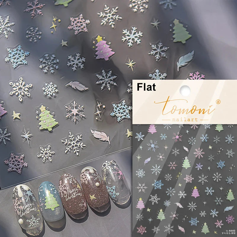 Hot Stamping Romantic White Gold Snowflakes Hexagon Winter 3D Self Adhesive Nail Art Stickers Shiny Rhinestone Manicure Decals (Online Order Only)