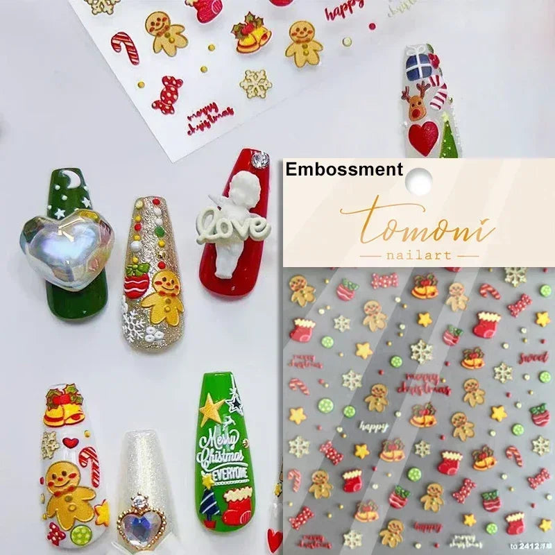 Dressy Embossment Colorful Gradient Snowflakes Laser Silver Christmas Tree Winter Bowknot Santa Nail Art Stickers Manicure Decal (Online Order Only)
