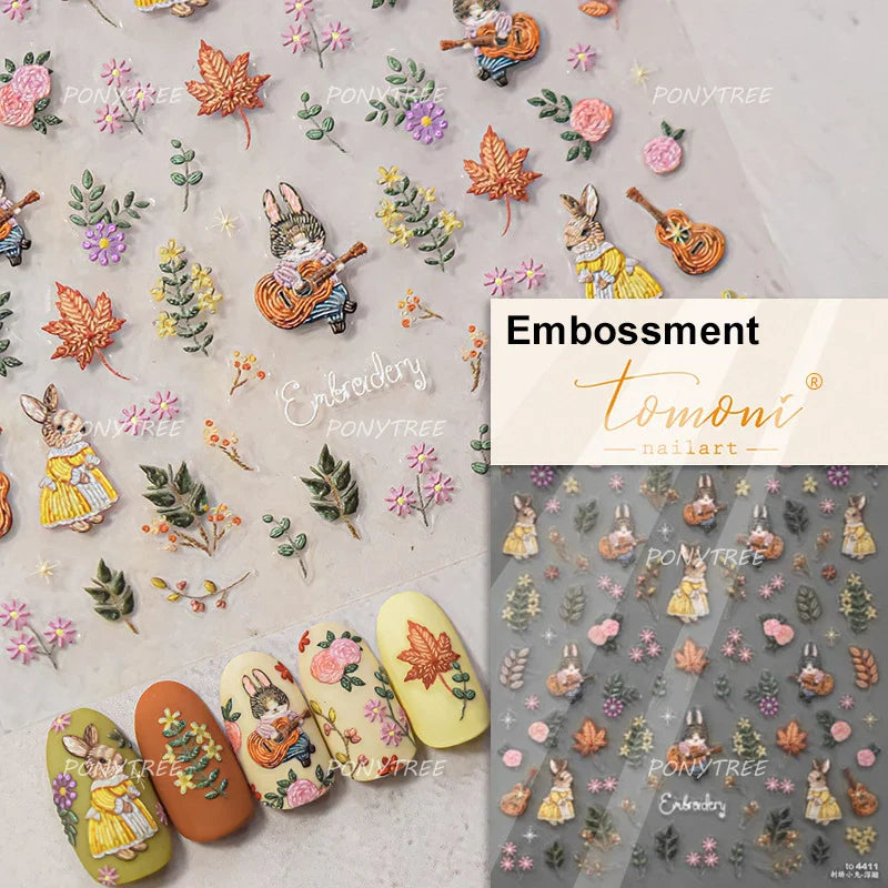 Cream Wind Cat Rabbit Kitten Bunny Bowknot Flower Butterfly Cake Cherry Tulip 5D Self Adhesive Nail Art Stickers Manicure Decals (Online Order Only)