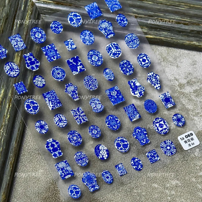 Retro Blue Lotus Flower Arrangement Vase Lantern Totem Pattern Bamboo Leaf Self Adhesive Nail Art Stickers Shiny Manicure Decals (ONLINE ORDER ONLY)