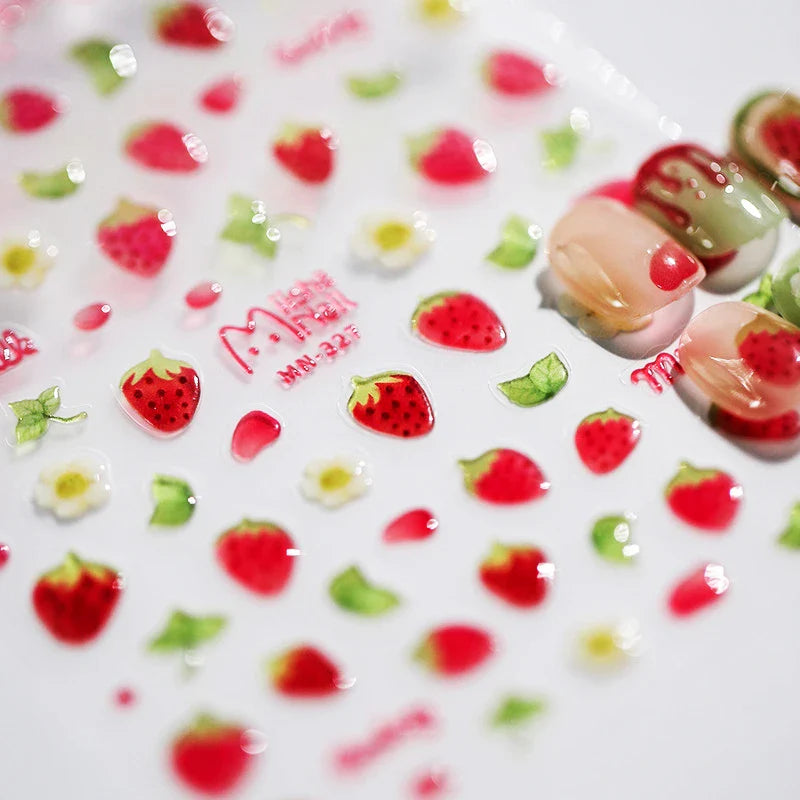 Cute Fresh Fruit Lovely Red Strawberry Grape Cherry Peach 3D Jelly Design Dopamine Self Adhesive Nail Art Sticker Manicure Decal (Online Order Only)