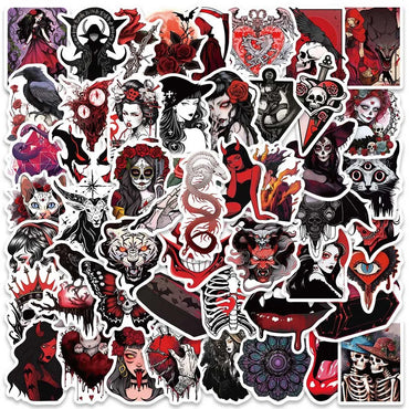 10/50pcs Red Gothic Horror Skull Witch Stickers Punk Graffiti Decals Laptop Motorcycle Skateboard Phone Cool Waterproof Sticker (Online Order Only)