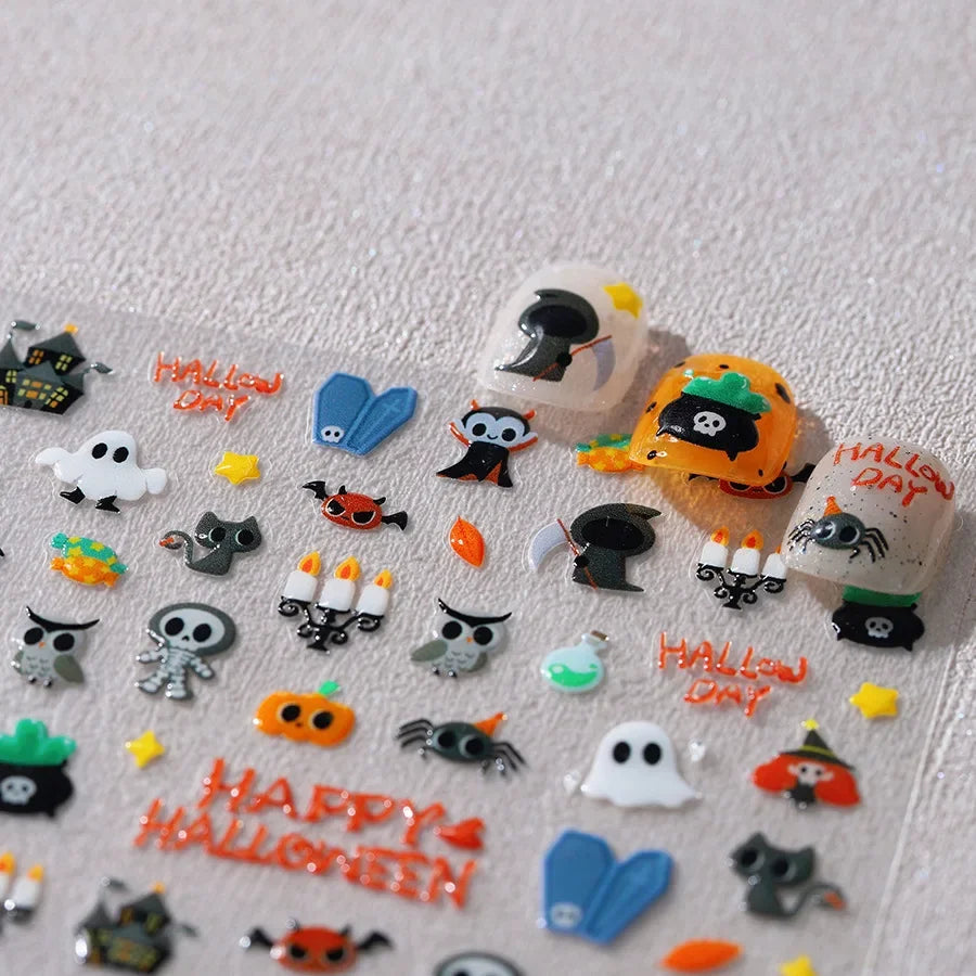 Halloween Ghost Pumpkin Bat Coffin Cat Spider Demon Jelly Self Adhesive Nail Art Sticker Terrifying Candy Candle Manicure Decals (ONLINE ORDER ONLY)