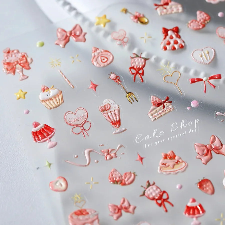 Chic Cute Cheese Ice Cream Pudding Bowknot Strawberry Muffin Stars Cake Embossed Heart Adhesive Nail Art Sticker Manicure Decals (ONLINE ORDER ONLY)