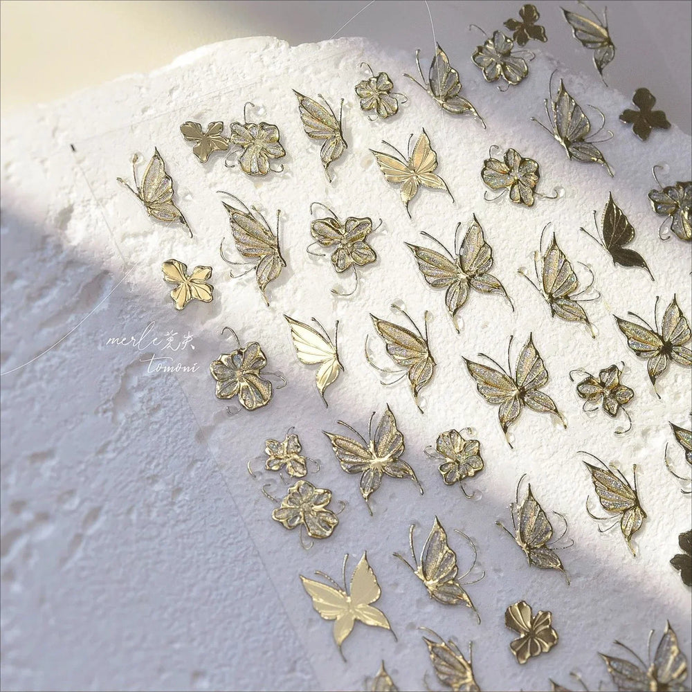Charming Golden Gradient Shiny Rhinestone Jelly Butterfly Flower Petal Bowknot 3D Self Adhesive Nail Art Sticker Manicure Decals (ONLINE ORDER ONLY)