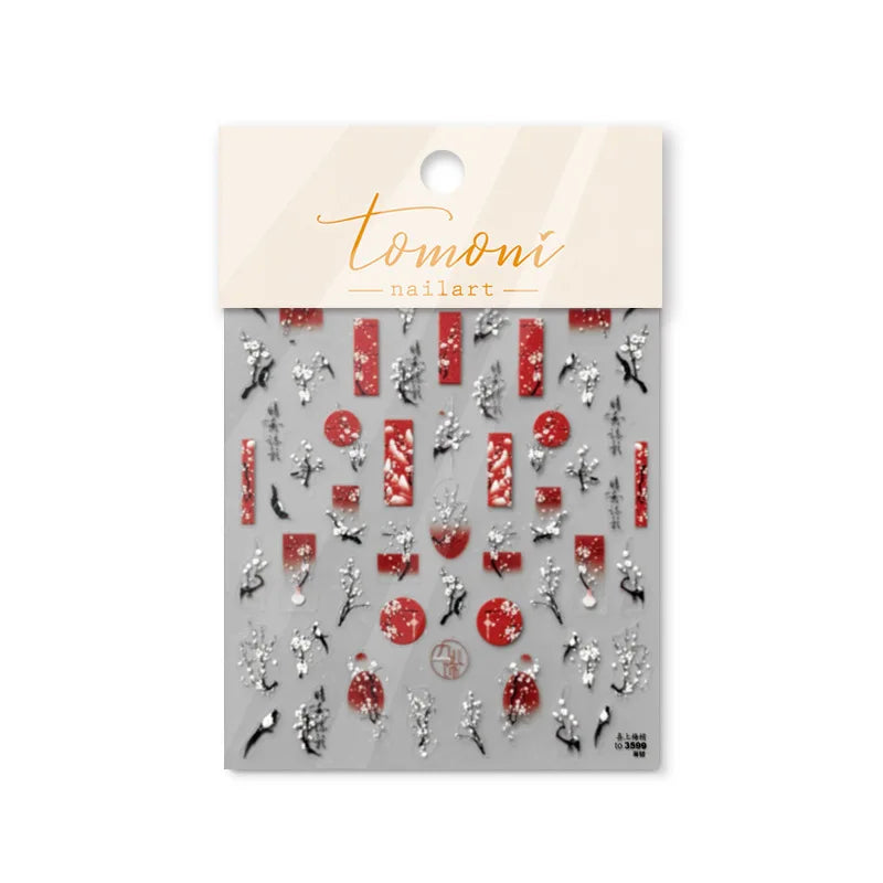 Red Plum Blossom Flower Chinese 3D Self Adhesive Nail Art Decoration Stickers Cheongsam Iris Lily Lotus Vase 5D Manicure Decals (ONLINE ORDER ONLY)