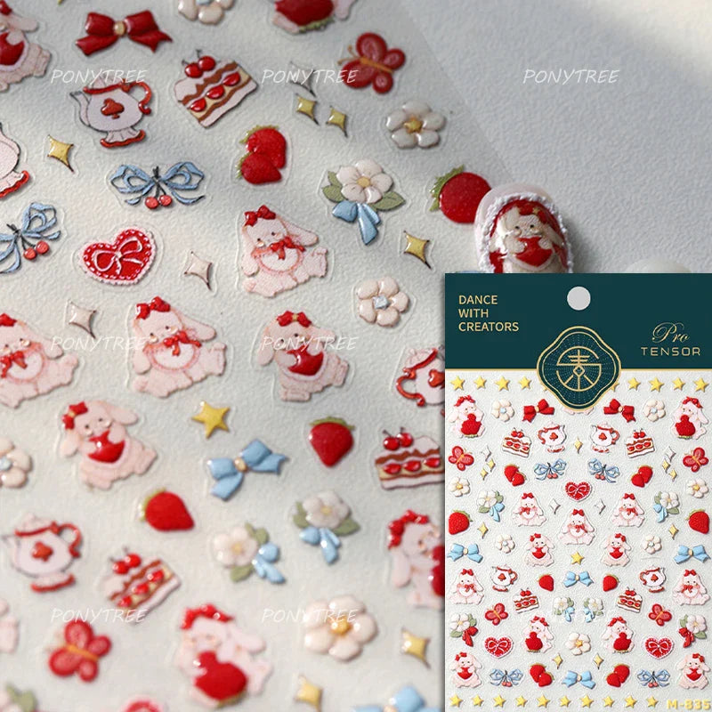 Rabbit Bunny Bear Flower Lace Bowknot Retro Frame Rose Self Adhesive Nail Art Decoration Stickers Chic Manicure Decals Wholesale (ONLINE ORDER ONLY)