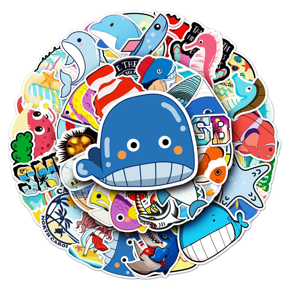 50Pcs Ocean Cartoon Waterproof Vinyl Stickers for Skateboard Snowboard (Online Order Only)