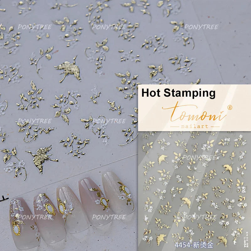 Gold Hot Stamping Flowers Leaves 3D 5D Pearl Bead Delicate Self Adhesive Nail Art Decorations Stickers Manicure Decals Wholesale (Online Order Only)