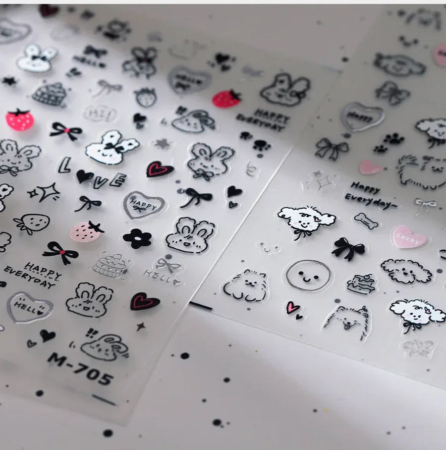 Dog Rabbit Line Bunny Footprint Bowknot Heart Cake Strawberry Flowers Bone Graffiti Adhesive Nail Art Stickers Manicure Decals (ONLINE ORDER ONLY)