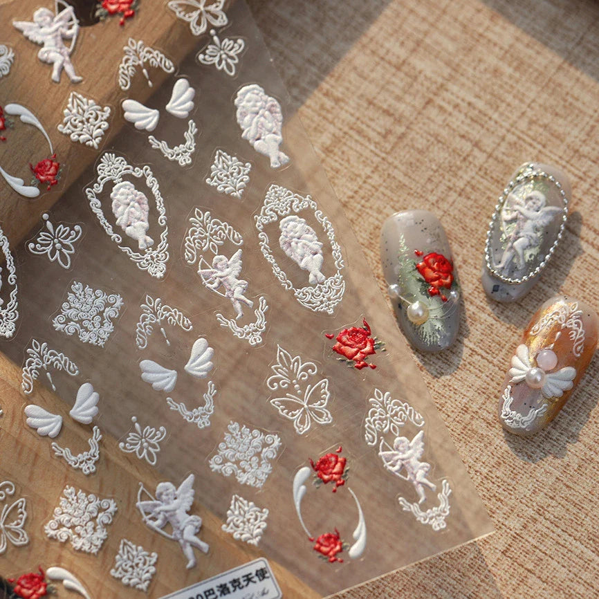 Baroque Angel Archery Wing Butterfly Retro Totem European Border Rose Flower Lace Chic Adhesive Nail Art Sticker Manicure Decals (ONLINE ORDER ONLY)