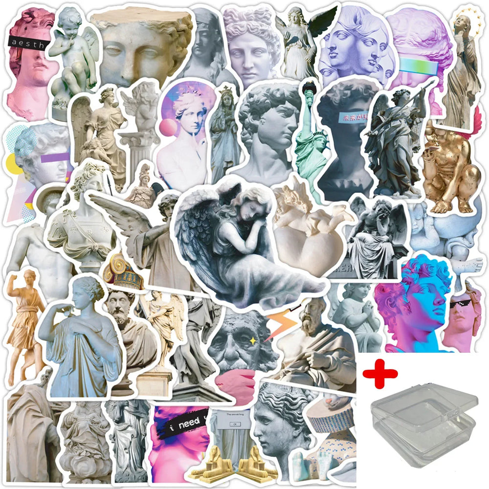 50pcs Retro Stone Statue Graffiti Stickers for Helmet, Wall, DIY Decoration with Storage Box (Online Order Only)