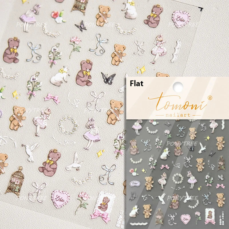 Lovely Bear Strawberry Cake Rose Flower Grid Block Bowknot Embossed Relief Self Adhesive Nail Art Sticker Cute 3D Manicure Decal (ONLINE ORDER ONLY)