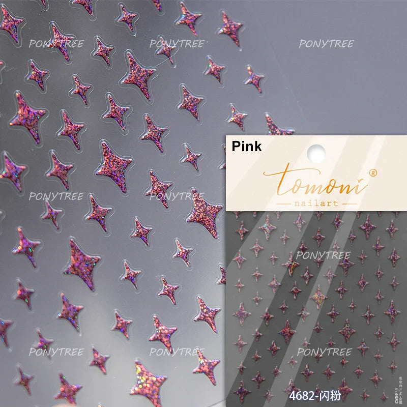 Punk Star Shiny Laser Five-pointed Star White Black Pink Hollow Out Delicate Sparkle Adhesive Nail Art Stickers Manicure Decals (ONLINE ORDER ONLY)
