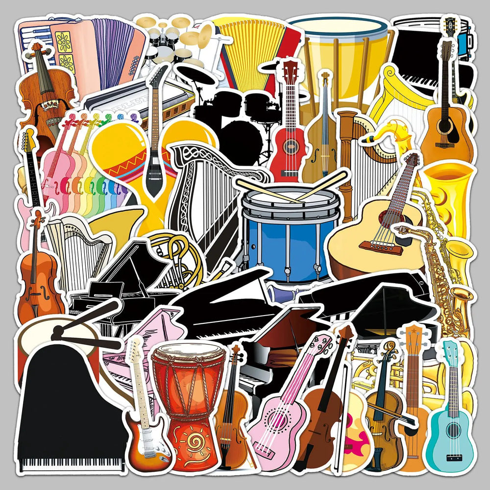 50pcs Cartoon Music Instrument Stickers for Helmet, Wall, DIY Decor (ONLINE ORDER ONLY)