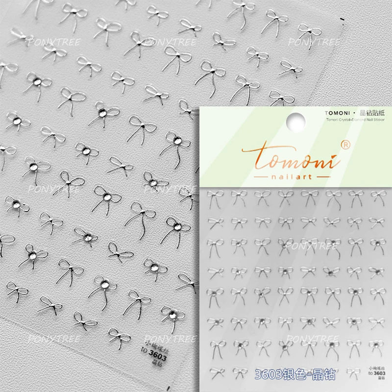 Simple Line Bowknot Red Gold Silver Laser Pink Hot Stamping 3D Self Adhesive Nail Art Stickers Pearl Rhinestone Manicure Decals (ONLINE ORDER ONLY)